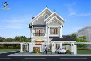 Biệt thự mái thái khối hình đăng đối, màu sắc hài hòa, trang trí nhã nhặn sang trọng.