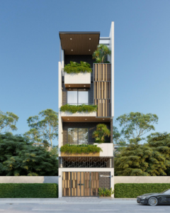 Cây xanh được bố trí trải đều trên cả ba tầng lầu, mang lại cảm giác gần gũi với thiên nhiên, đồng thời góp phần cải thiện không khí và tạo điểm nhấn sống động cho mặt tiền.